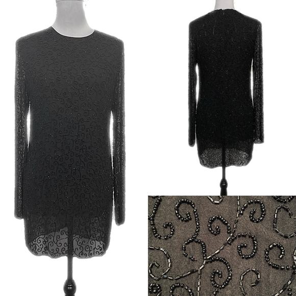 VGUC -  Vintage Alvin Valley Beaded Silk Dress in Black - Picture 1 of 10